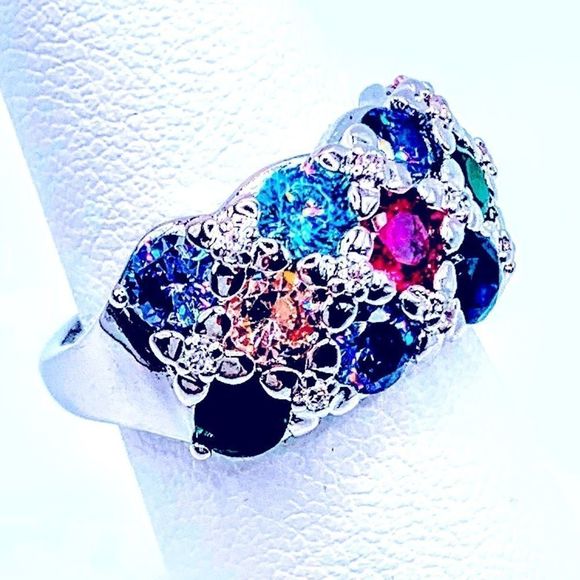 NEW! COLORFUL RAINBOW 🌈 FLORAL AUSTRIAN CRYSTAL S925 ADJUSTABLE RING! - Picture 11 of 13